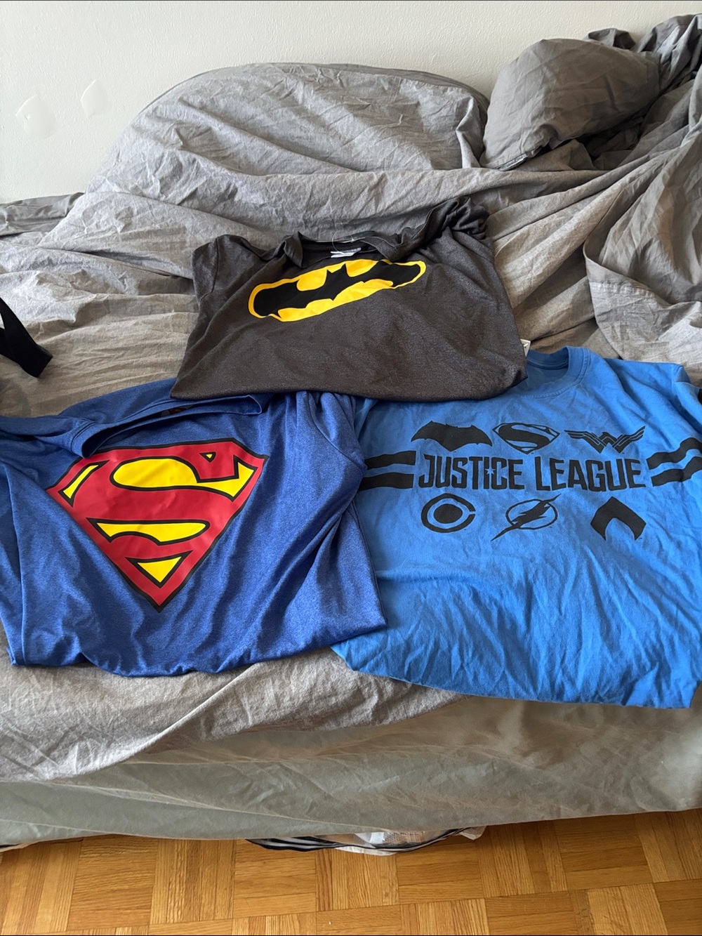 THREE Justice League & Superhero Short Sleeve Tees - Blue, Black